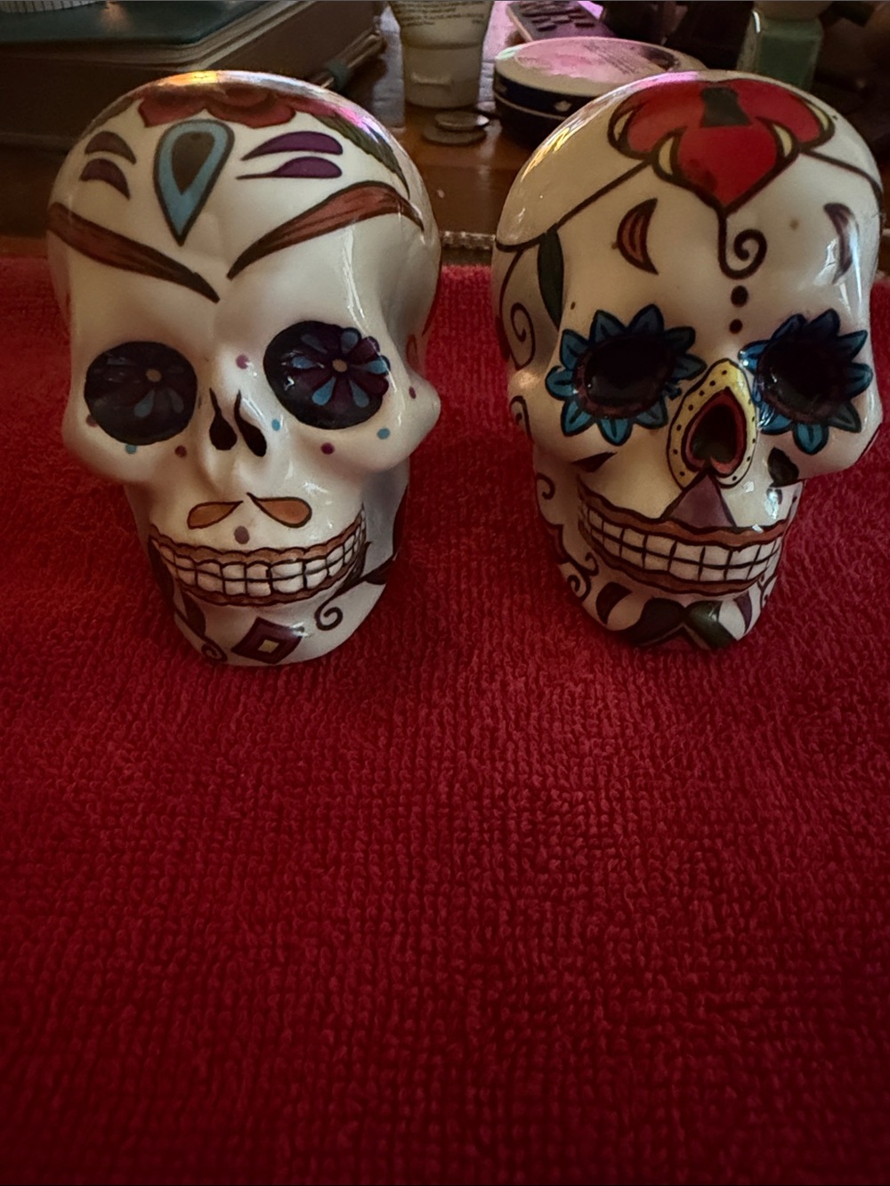Decorative Hand-Painted Sugar Skull Figurines - White with Multicolor Accents